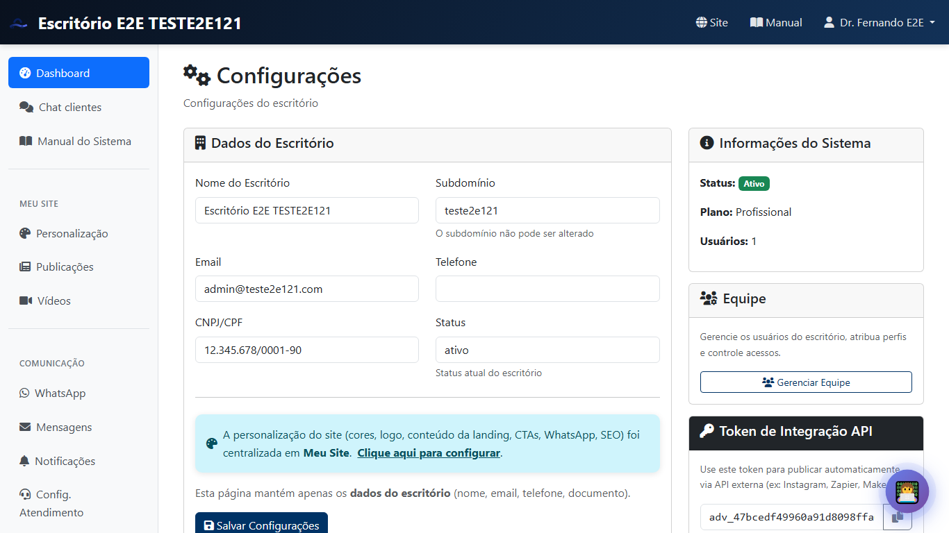 Prévia de Configuracoes, equipe e permissões